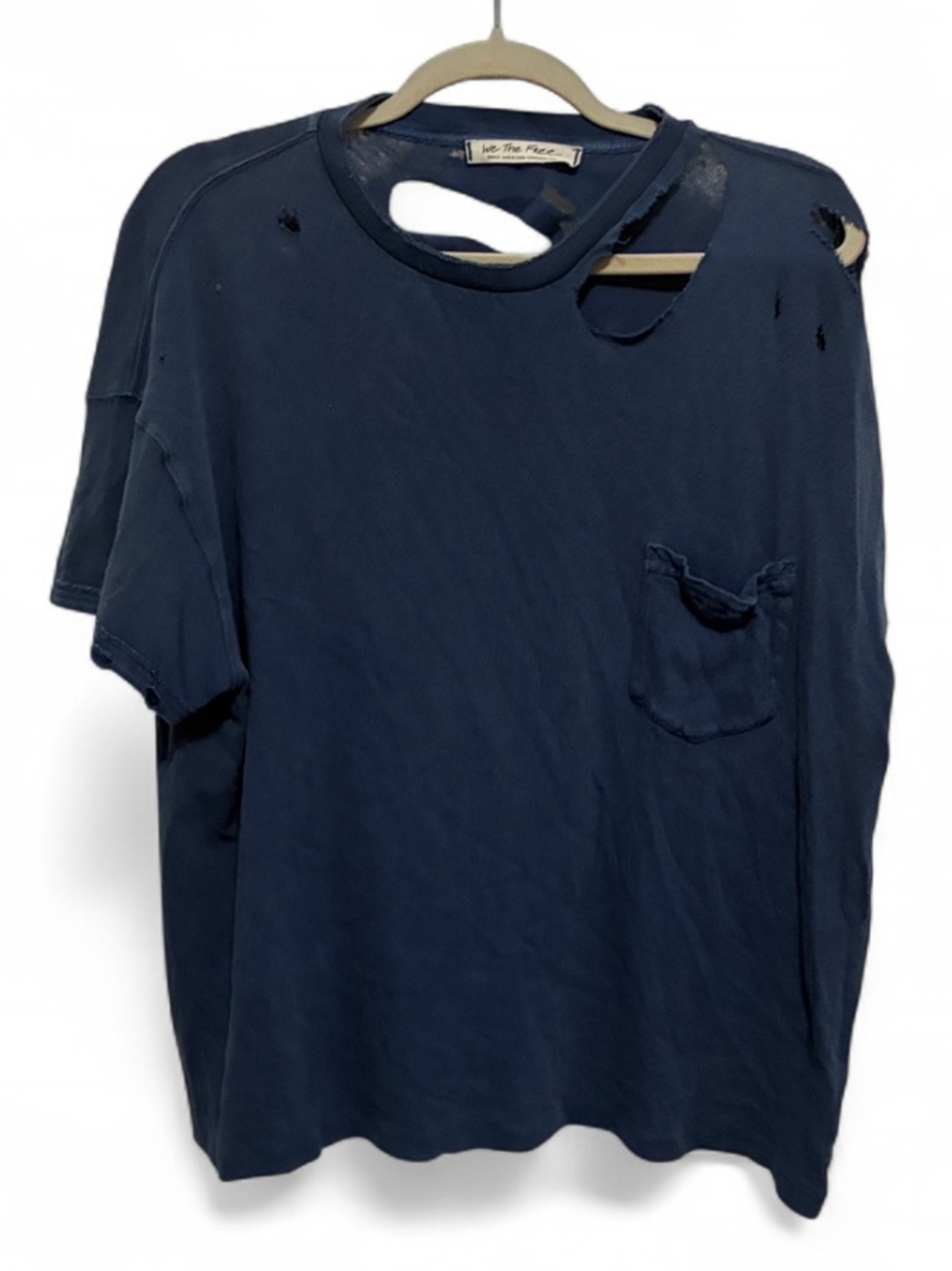 We the Free Lucky Distressed Oversized Pocket Crew Neck T-Shirt in Blue
